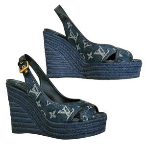 Louis Vuitton Bastille Wedge Espadrille Sandals Denim Blue Logo Flaws